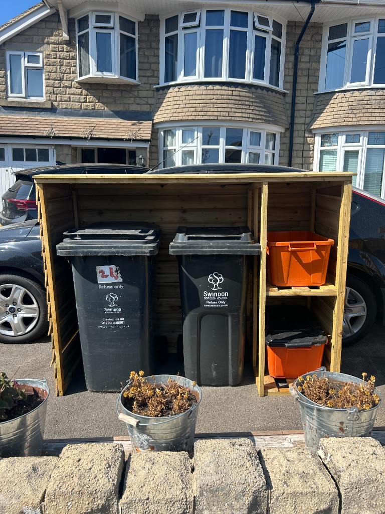 Handmade wooden bin shed with 2 boxes