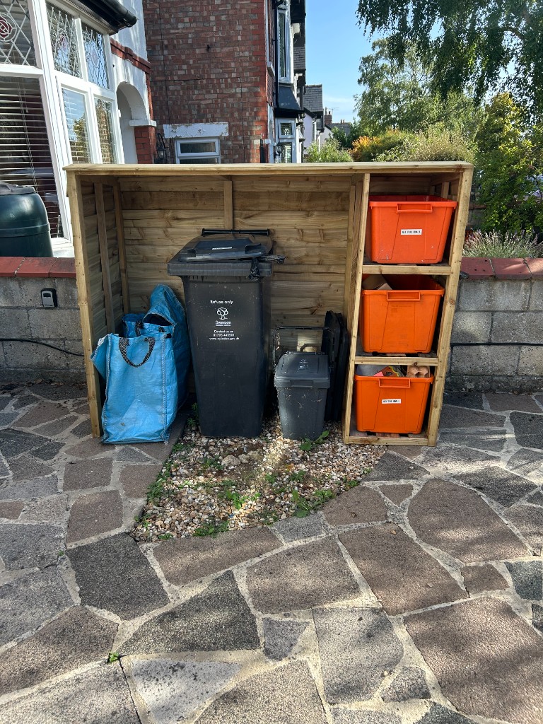 Handmade wooden bin shed with 3 boxes